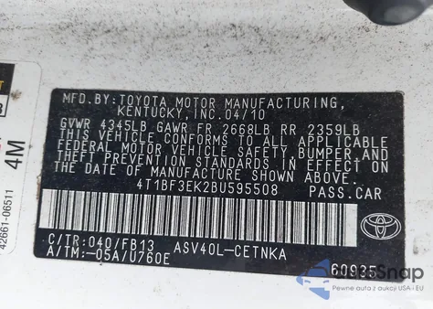 2011 Toyota Camry Le/Se/Xle из США, поврежденный, VIN 4T1BF3EK2BU595508